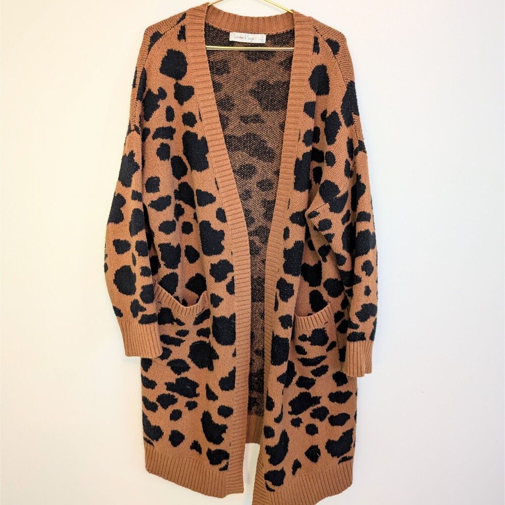 Summer and Sage Leopard Tunic Open Front Sweater with Pockets Size Large